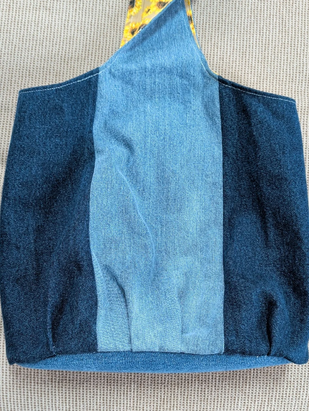 Denim Color Block Handmade Hobo Bag With Sunflower Pattern Lining.